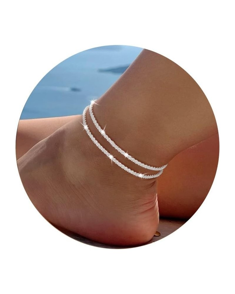 Ankle Bracelets for Women，Silver Layered Glitter Waterproof Anklet for Women 14K Gold Plated Anklets Sterling Silver Layered ...