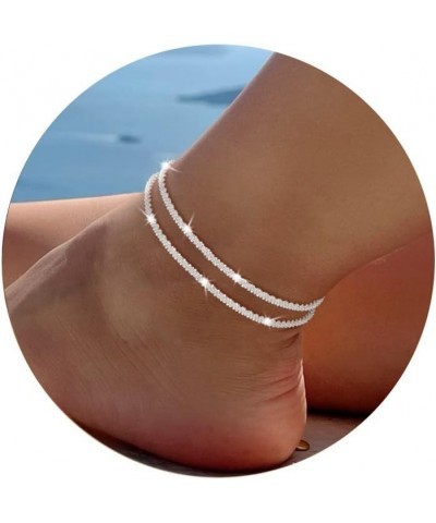 Ankle Bracelets for Women，Silver Layered Glitter Waterproof Anklet for Women 14K Gold Plated Anklets Sterling Silver Layered ...