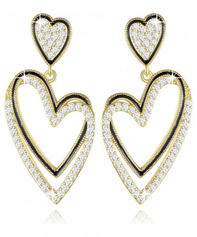 Heart Earrings Silver/Gold Plated 925 Sterling Silver Post Dangle Drop Double Heart-shaped Earrings Dangling Cubic Zirconia J...