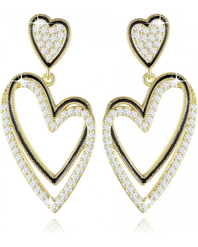 Heart Earrings Silver/Gold Plated 925 Sterling Silver Post Dangle Drop Double Heart-shaped Earrings Dangling Cubic Zirconia J...