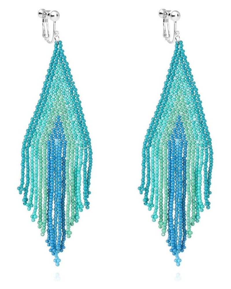 Clip on Dangling Earrings Bohemian Seed Beaded Long Tassel Boho Women Girls Drop Statement Rainbow Blue $11.61 Earrings