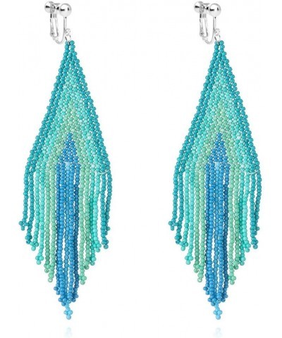 Clip on Dangling Earrings Bohemian Seed Beaded Long Tassel Boho Women Girls Drop Statement Rainbow Blue $11.61 Earrings