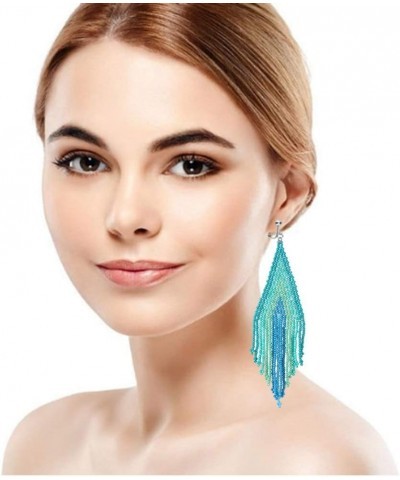 Clip on Dangling Earrings Bohemian Seed Beaded Long Tassel Boho Women Girls Drop Statement Rainbow Blue $11.61 Earrings