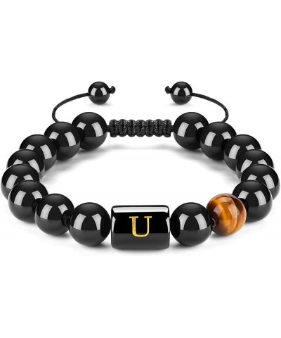 10mm A-Z Initial Letter Natural Black Onyx Tiger Eye Stone Beads Bracelet Stress Relief Adjustable Braided Rope Bracelet for ...