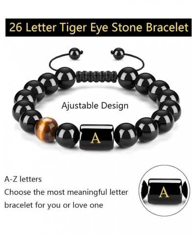 10mm A-Z Initial Letter Natural Black Onyx Tiger Eye Stone Beads Bracelet Stress Relief Adjustable Braided Rope Bracelet for ...