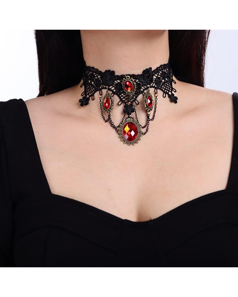 Gothic Black Lace Choker Necklace Vintage Red Ruby Crystal Pendant Necklaces Chain Tassel Victorian Halloween Vampire Costume...