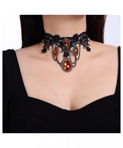 Gothic Black Lace Choker Necklace Vintage Red Ruby Crystal Pendant Necklaces Chain Tassel Victorian Halloween Vampire Costume...