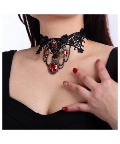 Gothic Black Lace Choker Necklace Vintage Red Ruby Crystal Pendant Necklaces Chain Tassel Victorian Halloween Vampire Costume...