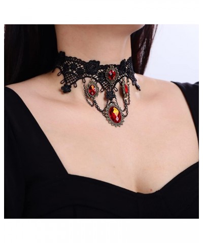 Gothic Black Lace Choker Necklace Vintage Red Ruby Crystal Pendant Necklaces Chain Tassel Victorian Halloween Vampire Costume...