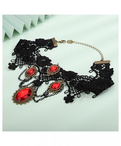 Gothic Black Lace Choker Necklace Vintage Red Ruby Crystal Pendant Necklaces Chain Tassel Victorian Halloween Vampire Costume...