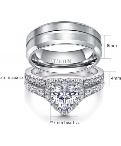 Couple Rings Matching Ring Heart AAA CZ White Gold Plated Women Wedding Ring Sets for Him and Her Rings White women size8 & m...