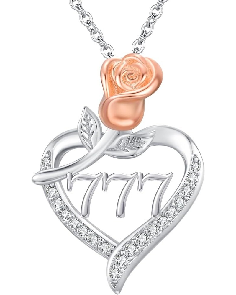 Angel Number 222/ 333/ 444/ 777 Necklace 925 Sterling Silver Love Heart Rose Flower Pendant Necklace for Women Girls Wife Mom...