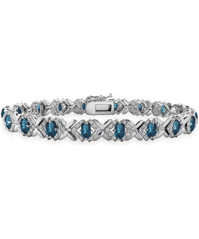 Sterling Silver Genuine or Synthetic Gemstone Oval X Design Polished Tennis Bracelet for Women London Blue Topaz - Sterling S...