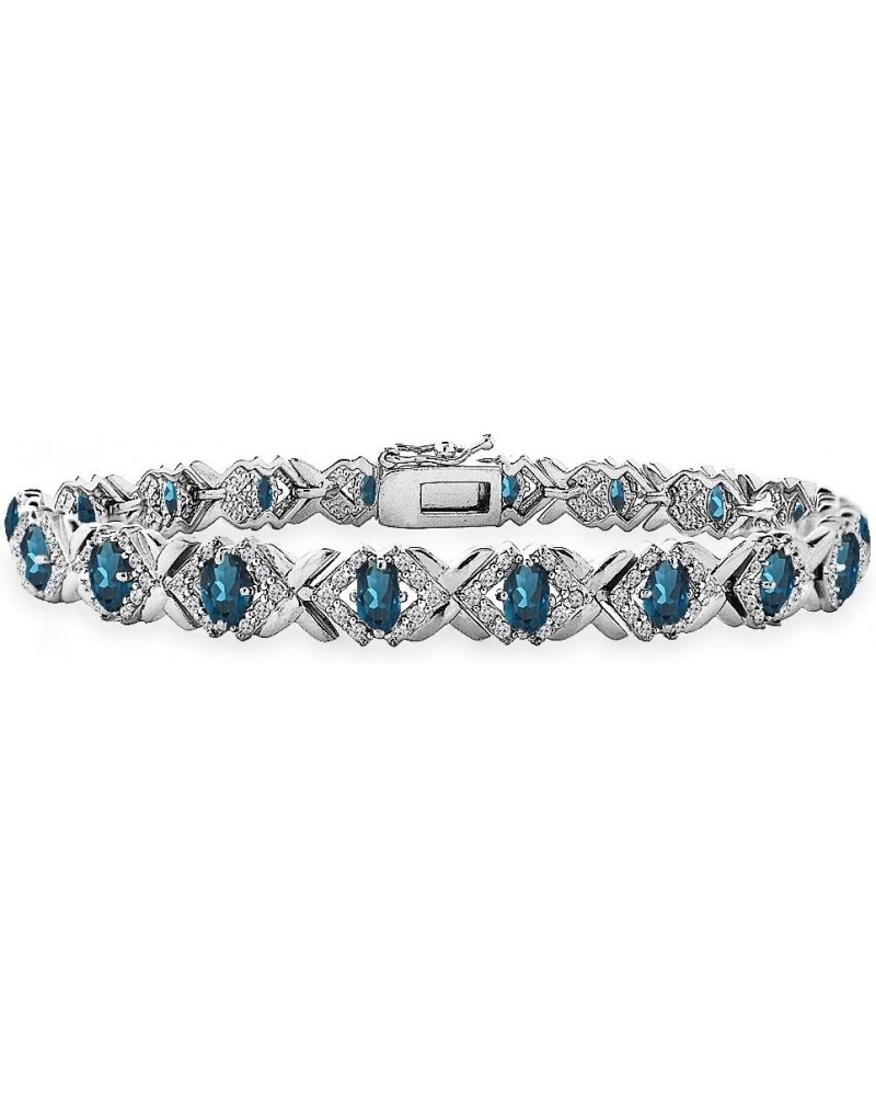 Sterling Silver Genuine or Synthetic Gemstone Oval X Design Polished Tennis Bracelet for Women London Blue Topaz - Sterling S...