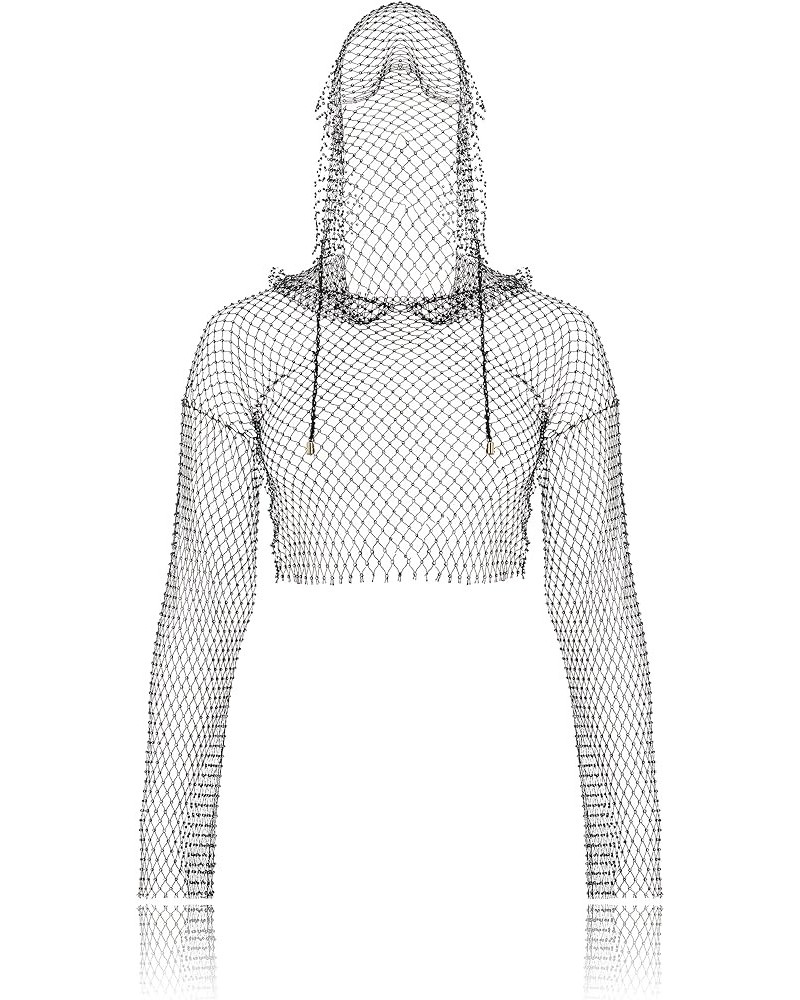 Crystal Mesh Body Chains Rhinestone Fishnet Black Crop Top Long Sleeves See Through Bikini Balck-hood $8.66 Body Jewelry