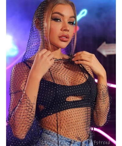 Crystal Mesh Body Chains Rhinestone Fishnet Black Crop Top Long Sleeves See Through Bikini Balck-hood $8.66 Body Jewelry