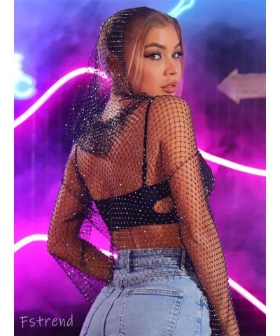 Crystal Mesh Body Chains Rhinestone Fishnet Black Crop Top Long Sleeves See Through Bikini Balck-hood $8.66 Body Jewelry