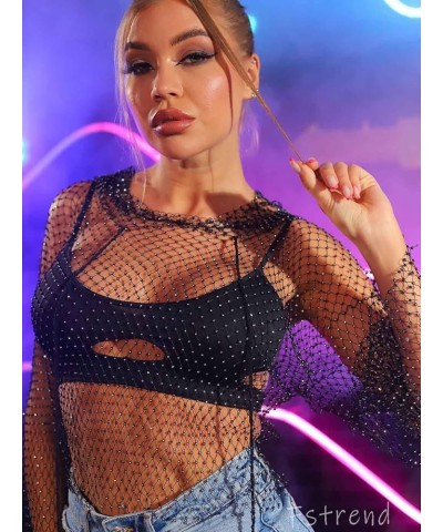 Crystal Mesh Body Chains Rhinestone Fishnet Black Crop Top Long Sleeves See Through Bikini Balck-hood $8.66 Body Jewelry