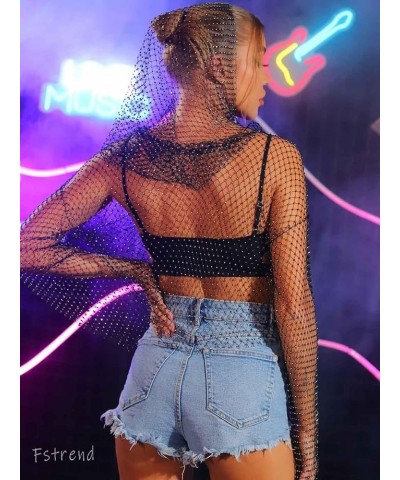 Crystal Mesh Body Chains Rhinestone Fishnet Black Crop Top Long Sleeves See Through Bikini Balck-hood $8.66 Body Jewelry