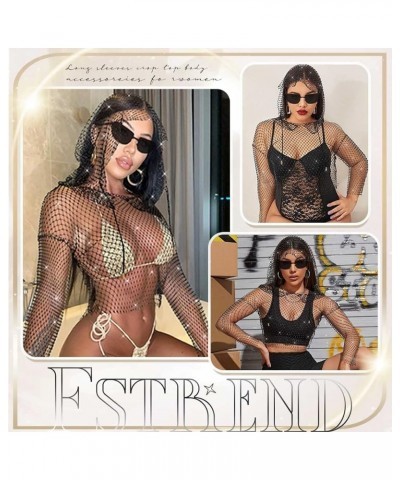 Crystal Mesh Body Chains Rhinestone Fishnet Black Crop Top Long Sleeves See Through Bikini Balck-hood $8.66 Body Jewelry