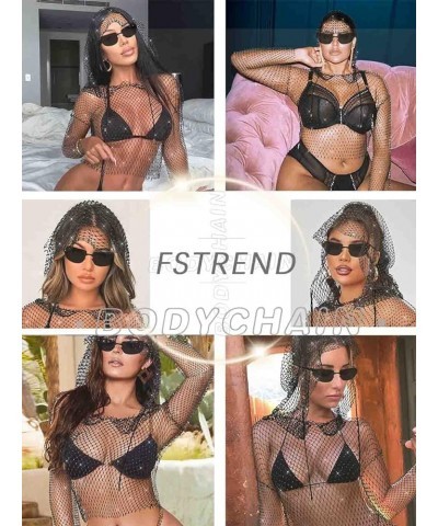 Crystal Mesh Body Chains Rhinestone Fishnet Black Crop Top Long Sleeves See Through Bikini Balck-hood $8.66 Body Jewelry