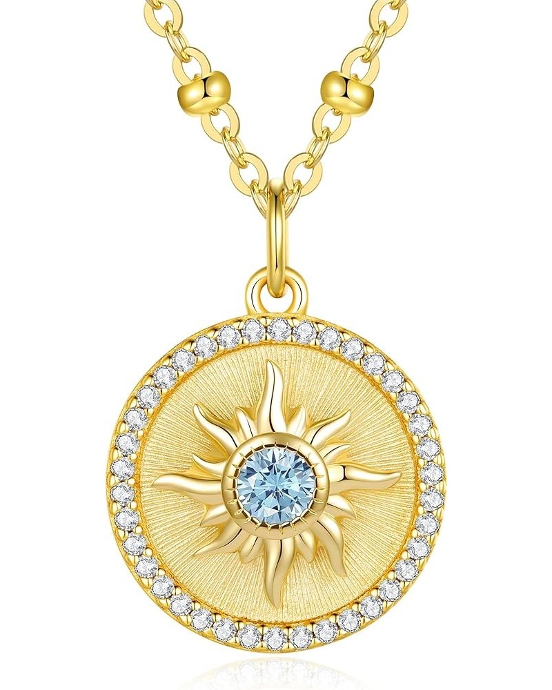 14K Gold Plated Sun Coin Pendant Necklace for Women 925 Sterling Silver with Birthstone Zirconia, Birthday Anniversary Jewelr...