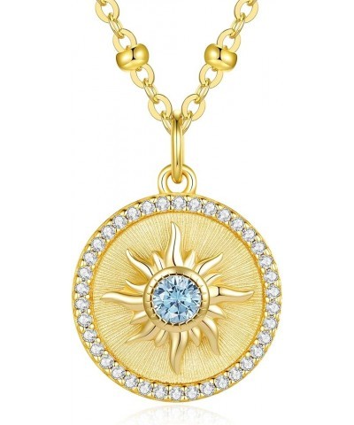 14K Gold Plated Sun Coin Pendant Necklace for Women 925 Sterling Silver with Birthstone Zirconia, Birthday Anniversary Jewelr...