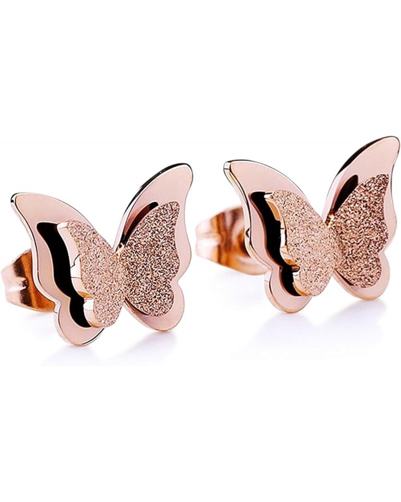 Stainless Steel Butterfly Stud Earrings Frosted 18k Rose Gold Plated Jewelry for Women rose gold $12.74 Earrings