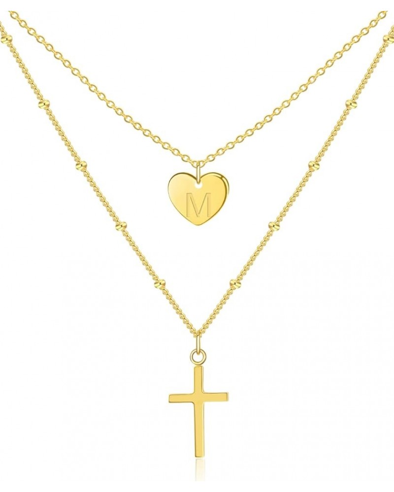 Sterling Silver Initial Necklace, 18k Gold Plated Cross Pendant Necklace, Dainty Gold Filled Letter Necklace Layered Heart Ne...