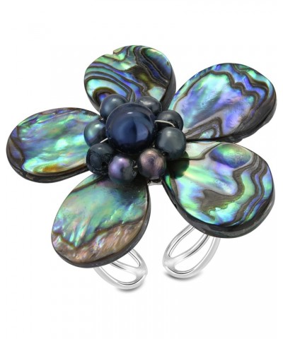 Flower Statement Rainbow Abalone Shell and Cultured Freshwater Pearls Adjustable Ring $15.33 Rings