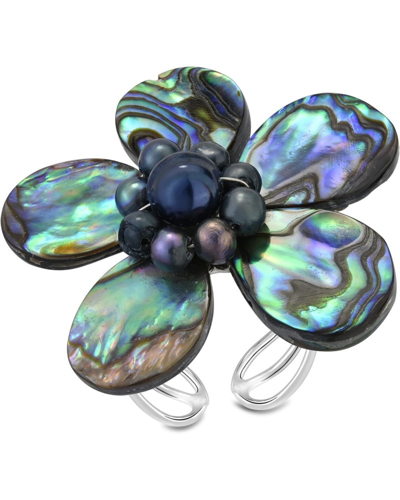 Flower Statement Rainbow Abalone Shell and Cultured Freshwater Pearls Adjustable Ring $15.33 Rings