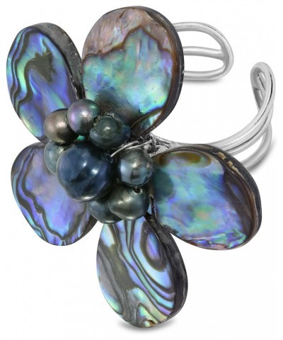 Flower Statement Rainbow Abalone Shell and Cultured Freshwater Pearls Adjustable Ring $15.33 Rings