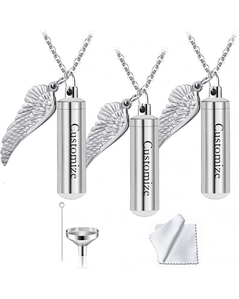 3 Pack Cylinder Urn Necklaces for Ashes Memorial Keepsake Pendant with Angel Wing Charm Necklace Stainless Steel Waterproof C...