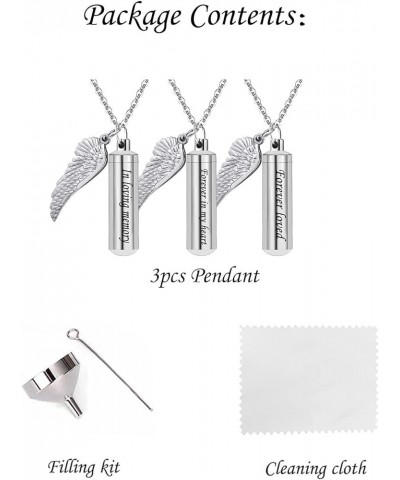 3 Pack Cylinder Urn Necklaces for Ashes Memorial Keepsake Pendant with Angel Wing Charm Necklace Stainless Steel Waterproof C...