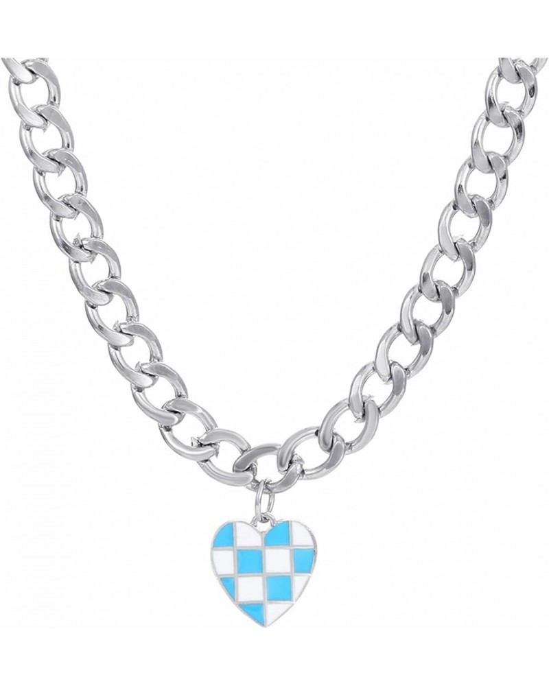 Checker Heart Chunky Chain Pendant Necklace Vintage Temperament Enamel Black White Checkerboard Checker Flag Paperclip Chain ...