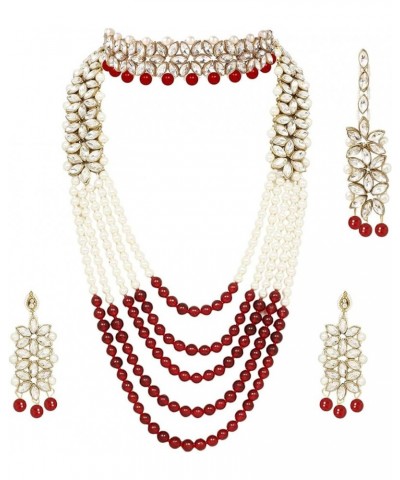 Wedding Party Wear Bridal Jewellery Choker Long Pearl Necklace Earrings Maang Tikka Indian Traditional Set for Women Maroon 4...