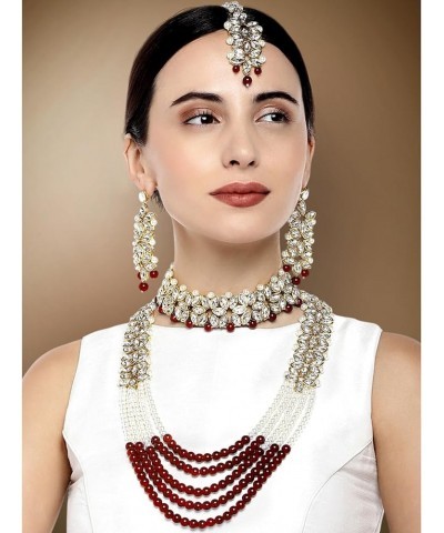 Wedding Party Wear Bridal Jewellery Choker Long Pearl Necklace Earrings Maang Tikka Indian Traditional Set for Women Maroon 4...