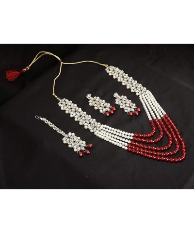 Wedding Party Wear Bridal Jewellery Choker Long Pearl Necklace Earrings Maang Tikka Indian Traditional Set for Women Maroon 4...