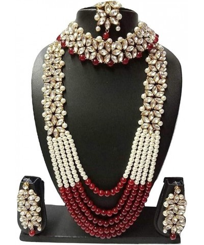 Wedding Party Wear Bridal Jewellery Choker Long Pearl Necklace Earrings Maang Tikka Indian Traditional Set for Women Maroon 4...