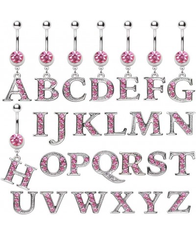 316L Navel Ring with Pink Gemmed Alphabet Initial Letter Dangle //Choose Letter// Q $7.64 Body Jewelry