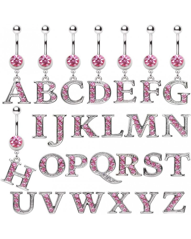 316L Navel Ring with Pink Gemmed Alphabet Initial Letter Dangle //Choose Letter// Q $7.64 Body Jewelry