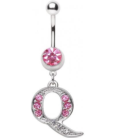 316L Navel Ring with Pink Gemmed Alphabet Initial Letter Dangle //Choose Letter// Q $7.64 Body Jewelry