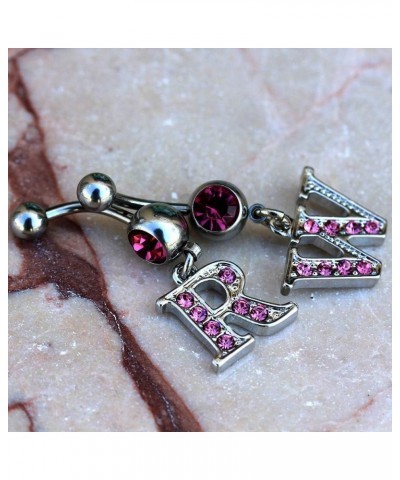 316L Navel Ring with Pink Gemmed Alphabet Initial Letter Dangle //Choose Letter// Q $7.64 Body Jewelry