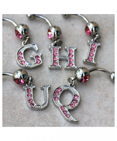 316L Navel Ring with Pink Gemmed Alphabet Initial Letter Dangle //Choose Letter// Q $7.64 Body Jewelry