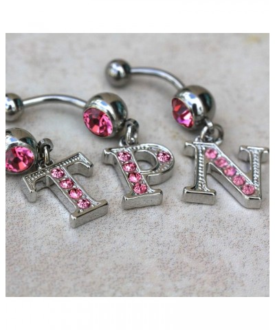 316L Navel Ring with Pink Gemmed Alphabet Initial Letter Dangle //Choose Letter// Q $7.64 Body Jewelry