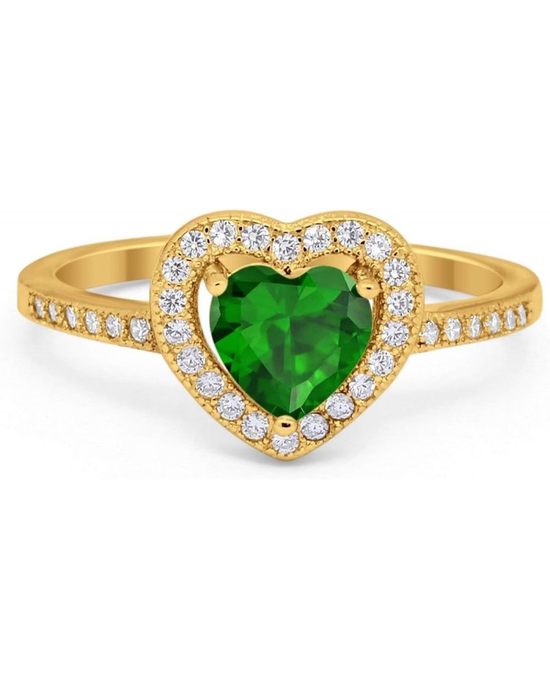 Halo Dazzling Heart Promise Ring Round Simulated Cubic Zirconia 925 Sterling Silver Yellow Tone, Simulated Green Emerald CZ $...