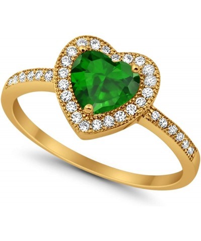 Halo Dazzling Heart Promise Ring Round Simulated Cubic Zirconia 925 Sterling Silver Yellow Tone, Simulated Green Emerald CZ $...