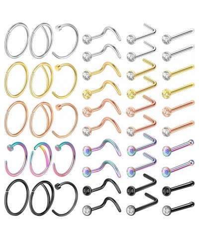 32-55 Pcs 20G Nose Rings for Women Nose Rings Hoops Nose Piercing Jewelry L Shape Nose Studs Screw CZ Nose Bone Studs Stainle...