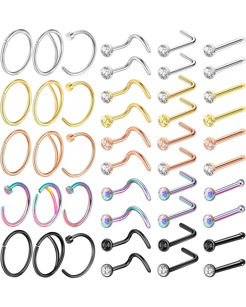 32-55 Pcs 20G Nose Rings for Women Nose Rings Hoops Nose Piercing Jewelry L Shape Nose Studs Screw CZ Nose Bone Studs Stainle...