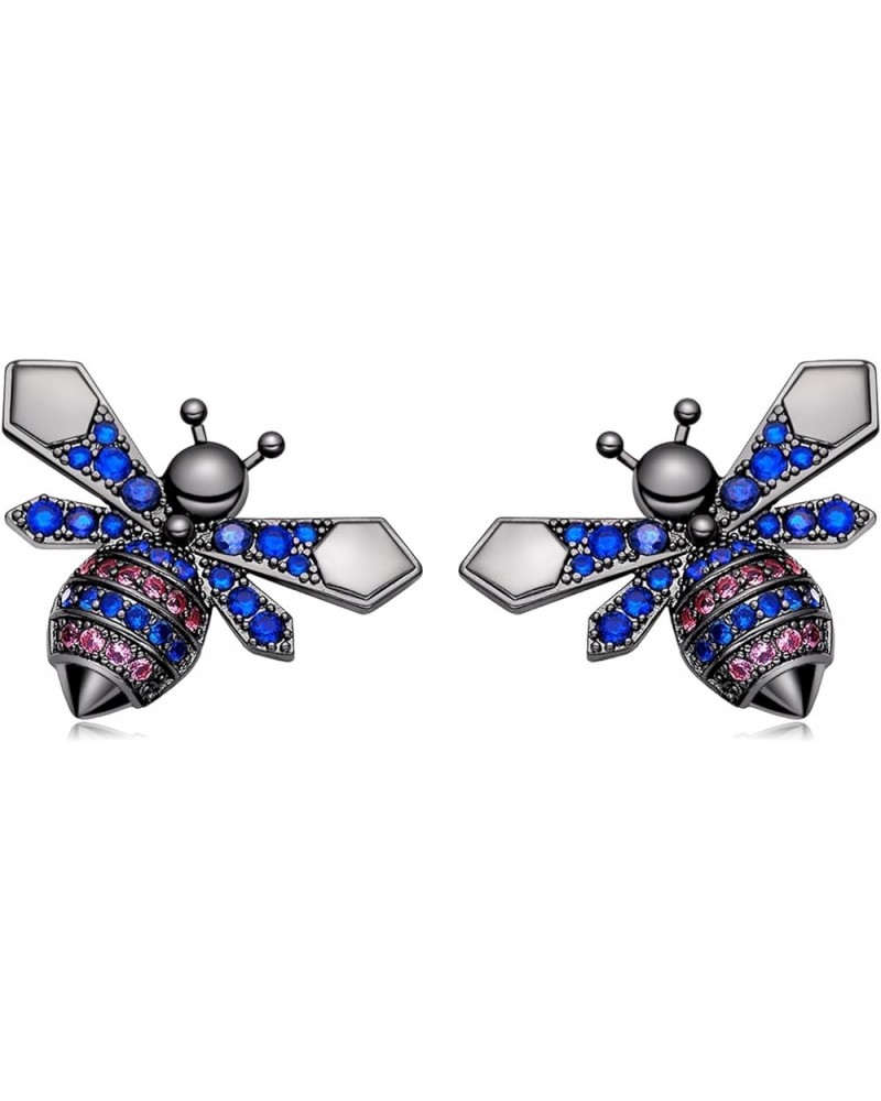 925 Sterling Silver Bee Stud Earrings for Women Girls Crystal Rhinestone Blue Gold Stud Earrings Cubic Zirconia Honey Cute An...